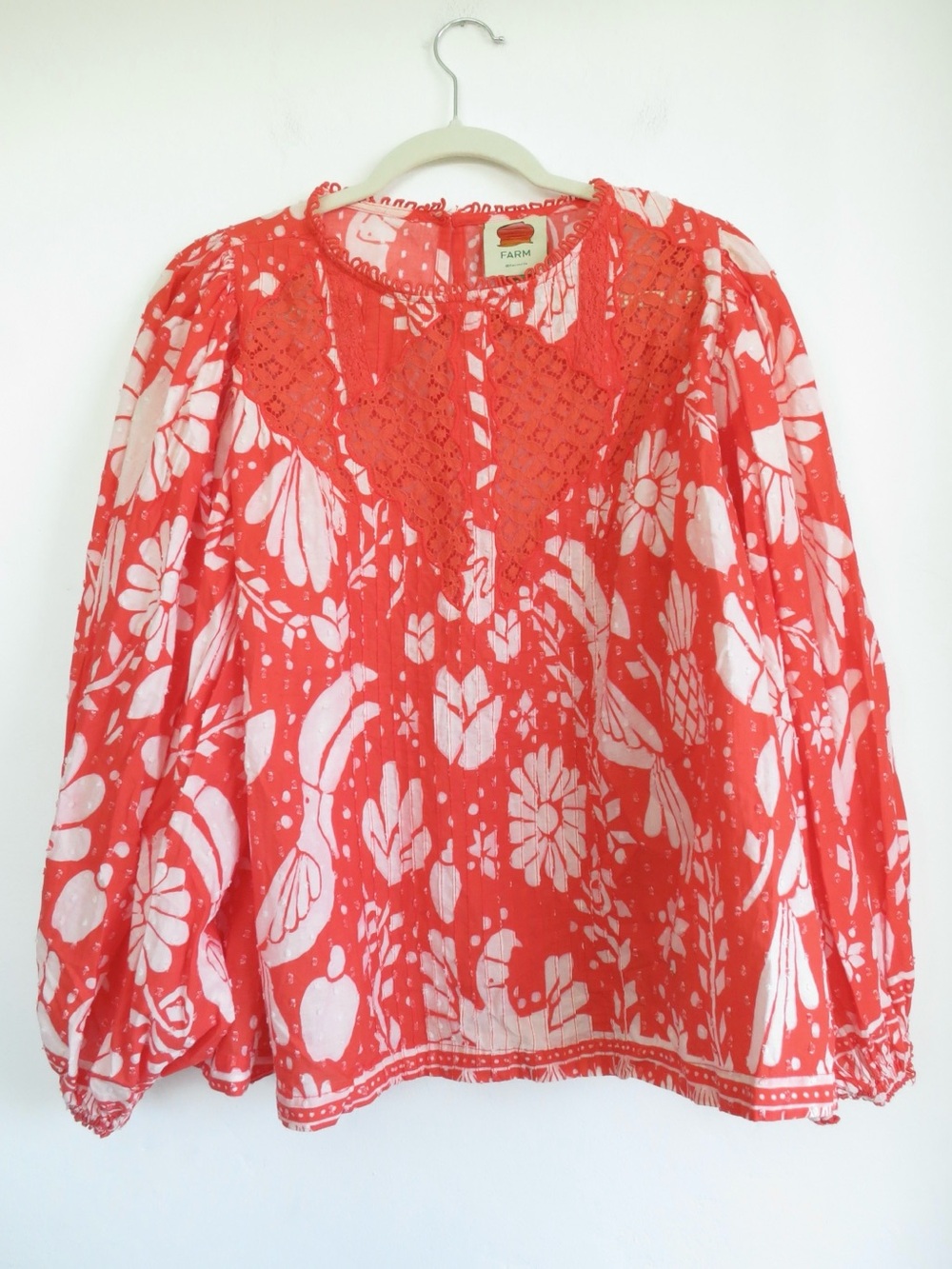 FARM Rio Orange and White Floral Lace-Yoke Blouse